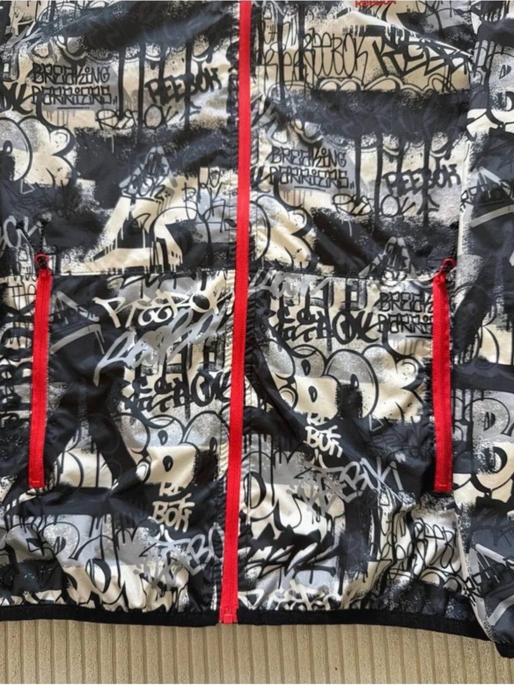 Reebok Black & White Graffiti Hooded Windbreaker with Red Trim